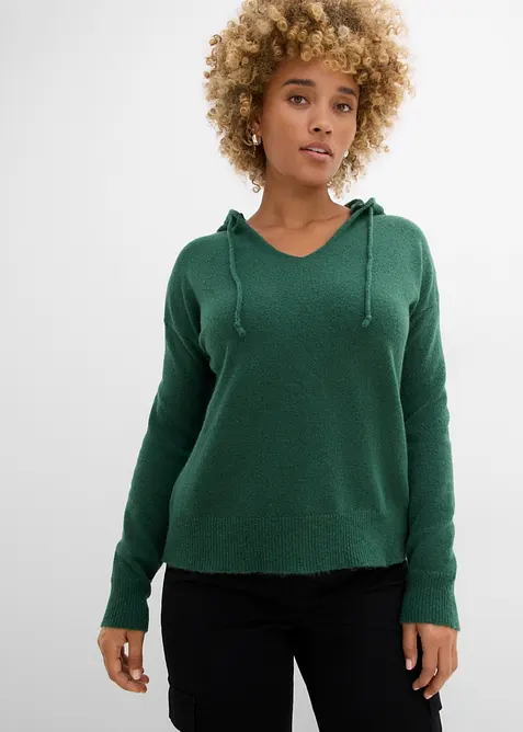 Pull en maille &agrave; col V et capuche, bonprix