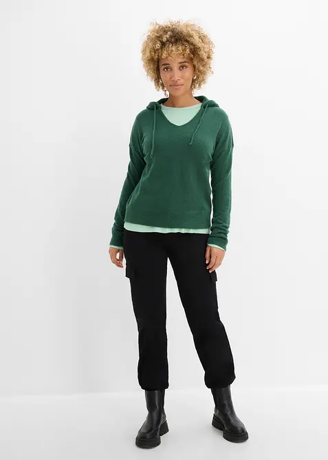 Pull en maille &agrave; col V et capuche, bonprix