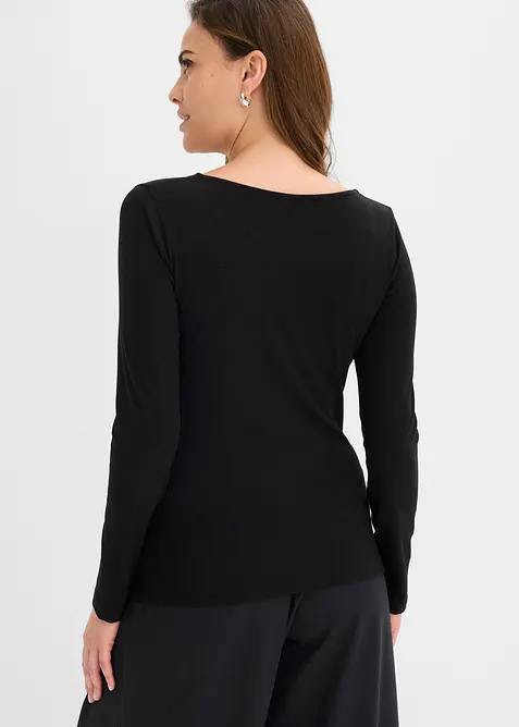T-shirt manches longues en jersey simple &agrave; col V dentelle, bonprix