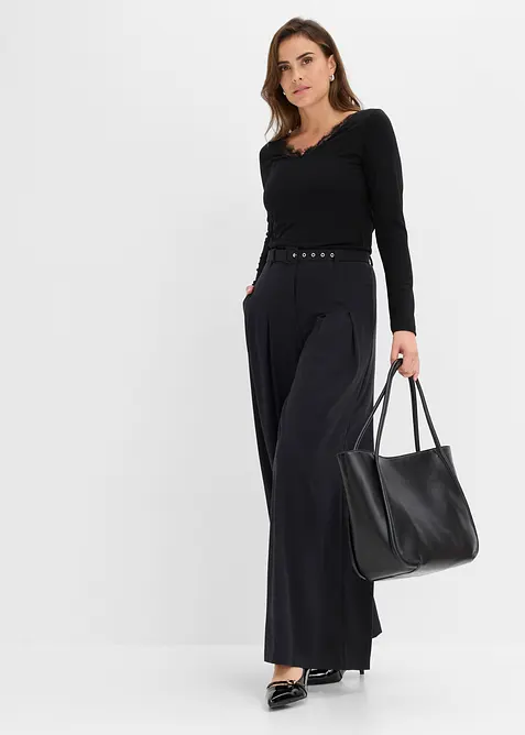 T-shirt manches longues en jersey simple &agrave; col V dentelle, bonprix