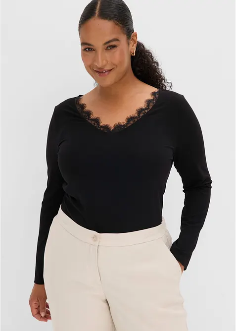 T-shirt manches longues en jersey simple &agrave; col V dentelle, bonprix