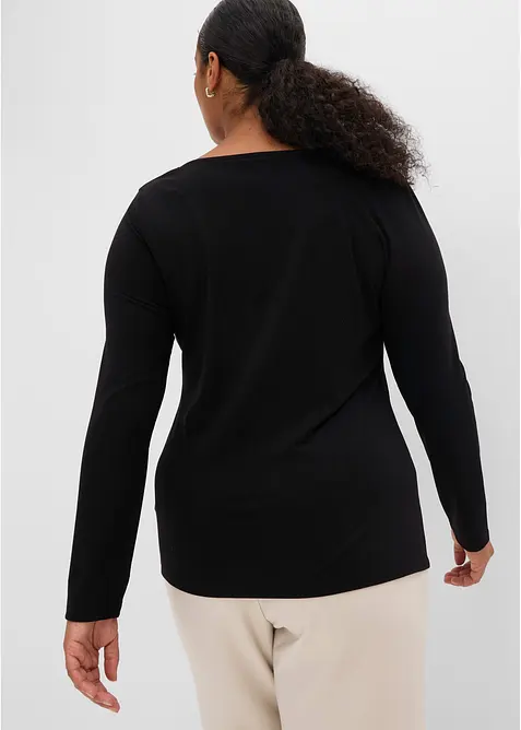 T-shirt manches longues en jersey simple &agrave; col V dentelle, bonprix