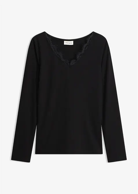 T-shirt manches longues en jersey simple &agrave; col V dentelle, bonprix