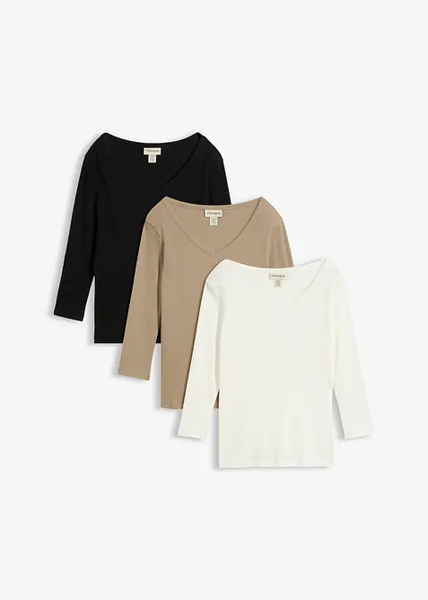 Rippshirt mit 3/4-Arm aus reiner Bio-Baumwolle (3er Pack), bonprix