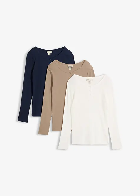 Lot de 3&nbsp;T-shirts c&ocirc;tel&eacute;s &agrave; col tunisien 100% coton, bonprix