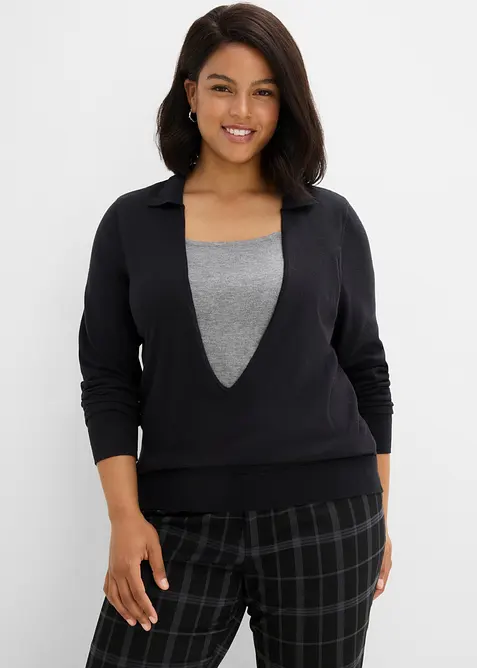 Pull en fine maille, effet superpos&eacute;, bonprix