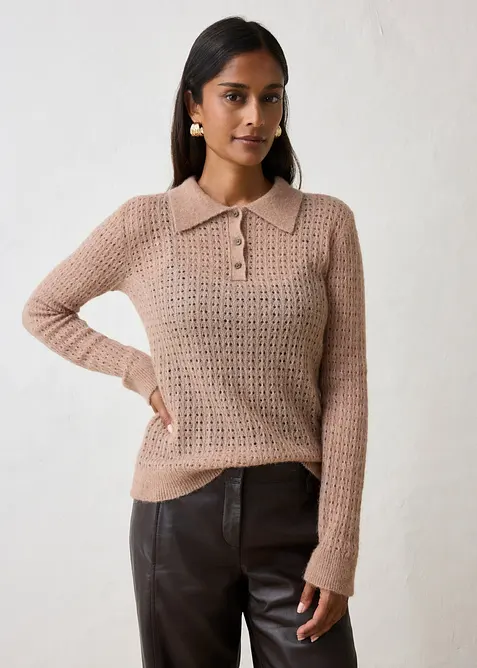Pull col polo en douce maille ajour&eacute;e, bonprix