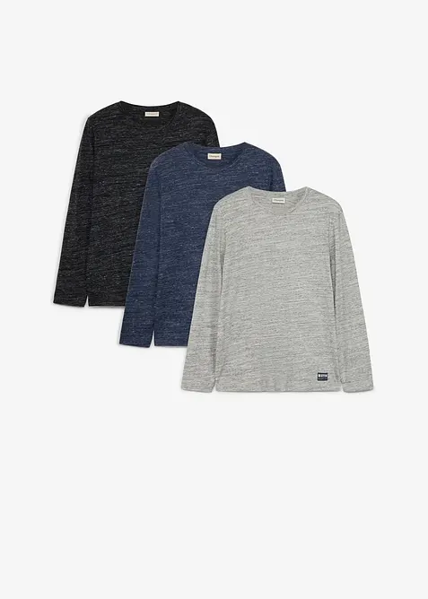Lot de 3 T-shirts manches longues chin&eacute;s en coton m&eacute;lang&eacute;, bonprix