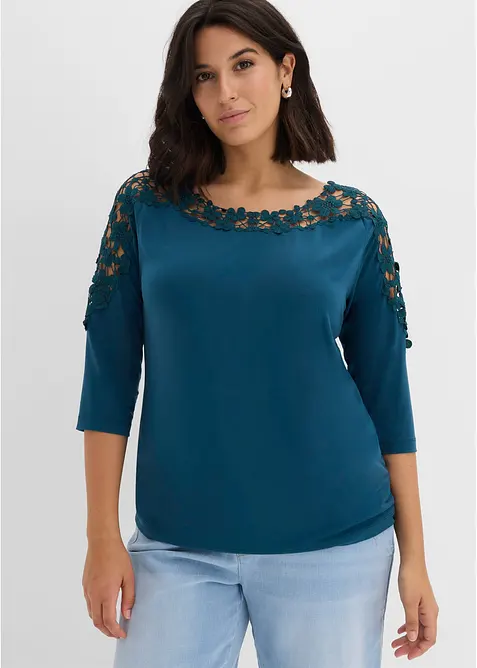 T-shirt &agrave; empi&egrave;cement crochet, manches 3/4, bonprix