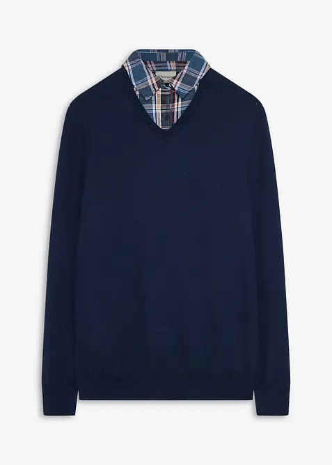 Pull en maille &agrave; col chemise, effet superpos&eacute;, bonprix