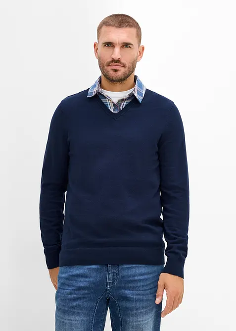 Pull en maille &agrave; col chemise, effet superpos&eacute;, bonprix