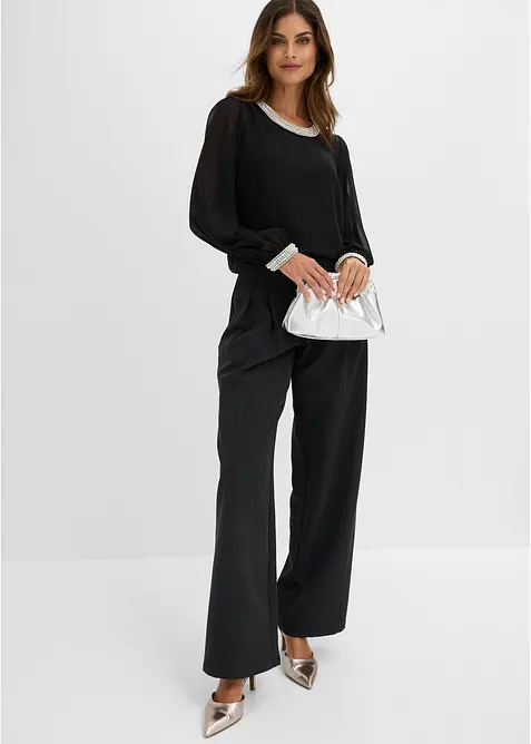 Blouse en mousseline avec bordures strass&eacute;es, bonprix