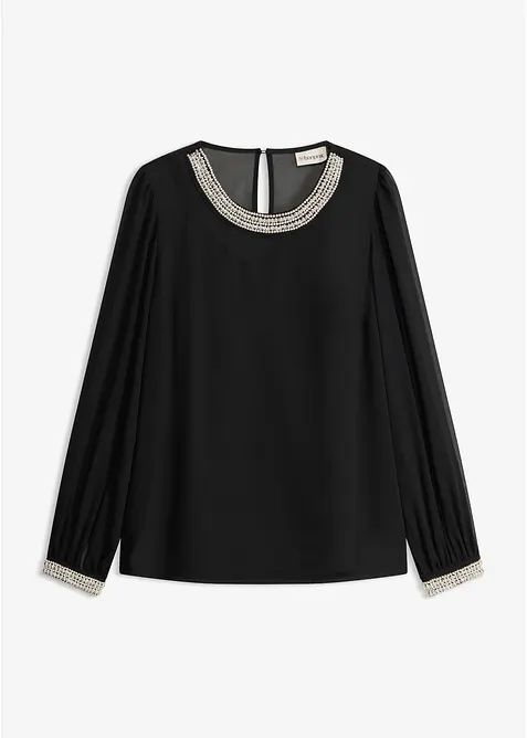 Blouse en mousseline avec bordures strass&eacute;es, bonprix