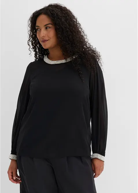 Blouse en mousseline avec bordures strass&eacute;es, bonprix