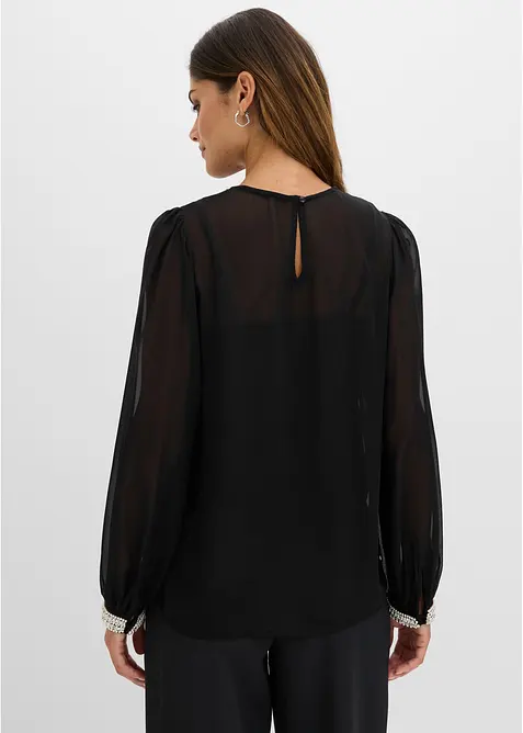 Blouse en mousseline avec bordures strass&eacute;es, bonprix