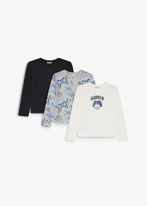 Lot de 3 T-shirts manches longues en coton doux, bonprix