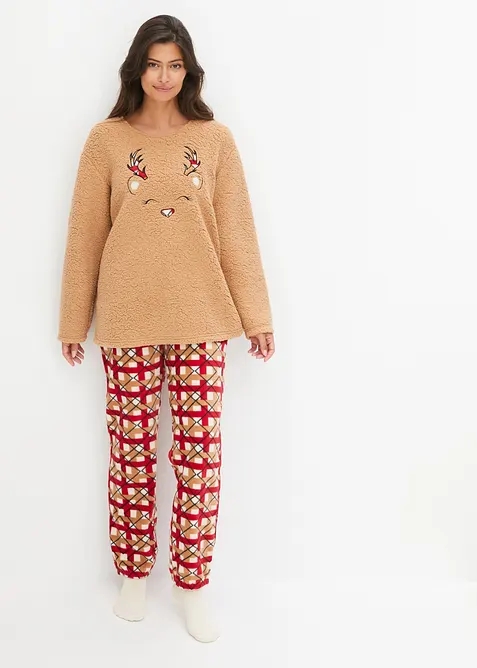 Pyjama en polaire avec haut brod&eacute;, bonprix