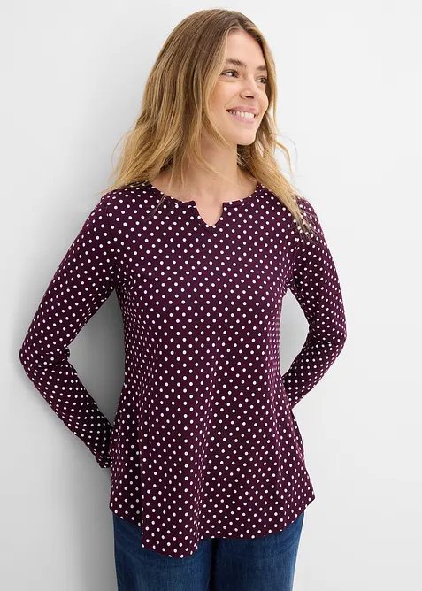 Gepunktetes Baumwoll-Langarmshirt mit Seitenschlitzen, bonprix