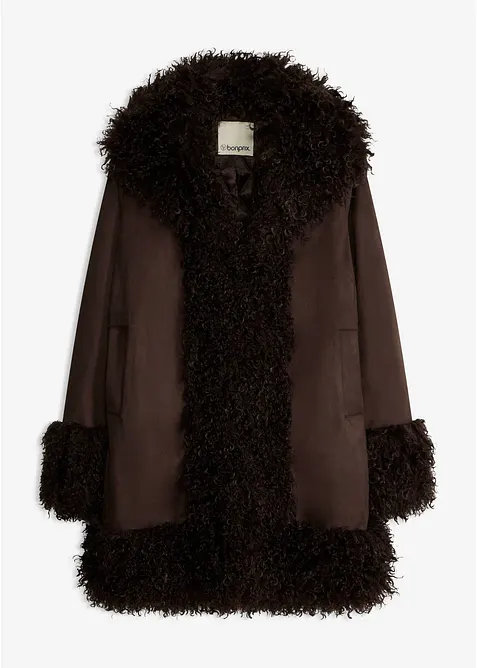 Manteau enduit avec bordures moutonn&eacute;es, bonprix