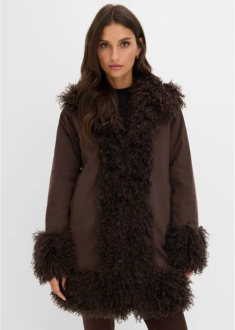 Manteau enduit avec bordures moutonn&eacute;es, bonprix