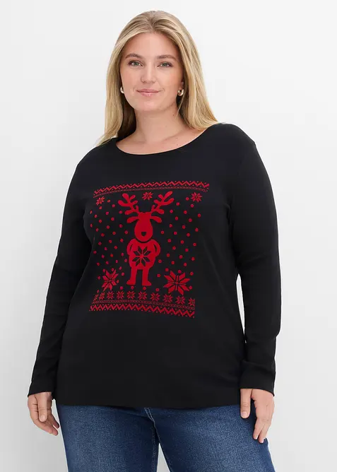 T-shirt manches longues coton &agrave; motif de No&euml;l, bonprix