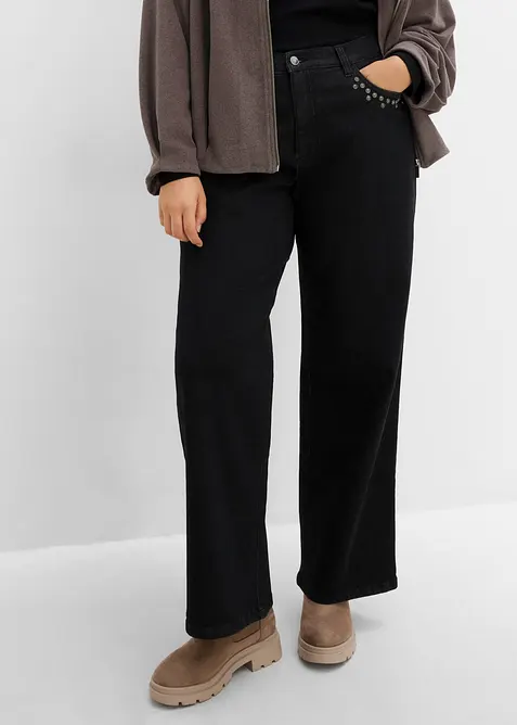 Wide-Leg-Jeans, High Waist mit Nietenbesatz, bonprix