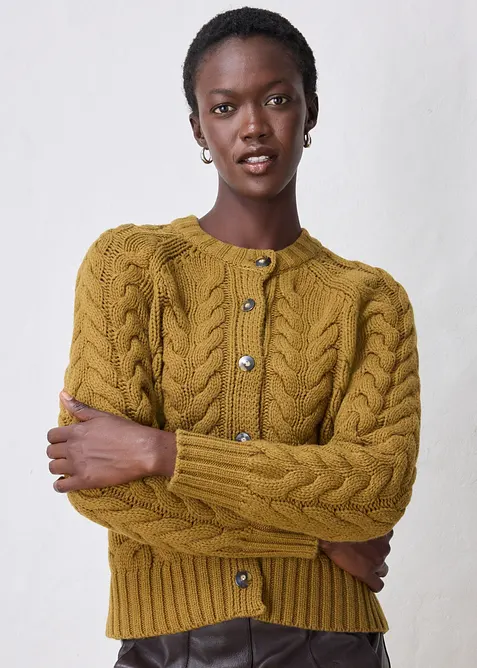 Grobstrickjacke aus feiner Merinowolle mit Zopfmuster, bonprix