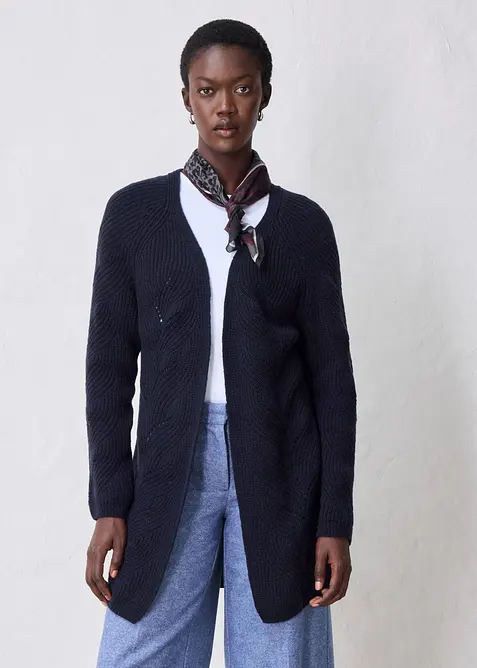 Longstrickjacke aus feinem Merinowoll-Mix mit Ajourmuster, bonprix