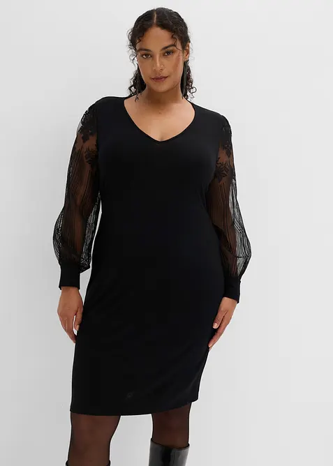 Minikleid mit transparenten Ballon&auml;rmeln und Stickerei, bonprix