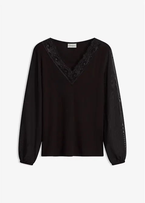 Langarmshirt mit Spitzenbesatz am V-Ausschnitt, bonprix