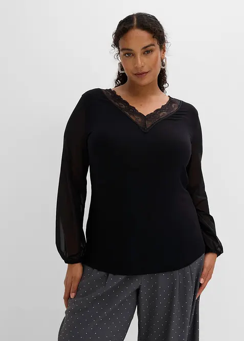 T-shirt manches longues col V dentelle, bonprix