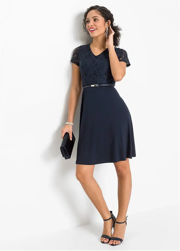 Minikleid mit Spitze und Gürtel, bonprix