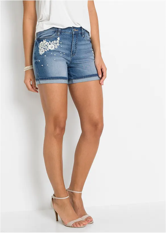 Short en jean taille mi-haute avec détails décoratifs, bonprix