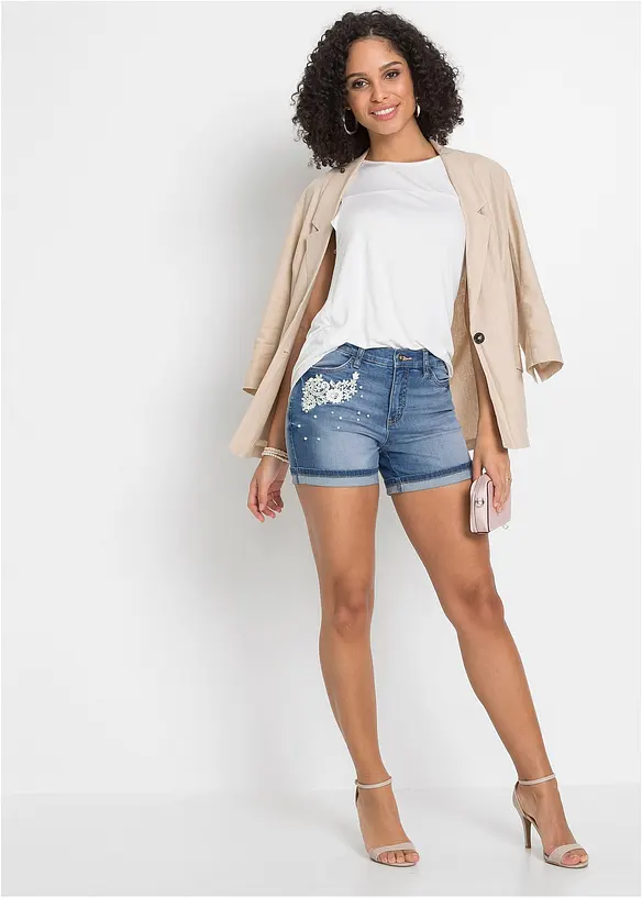 Short en jean taille mi-haute avec détails décoratifs, bonprix
