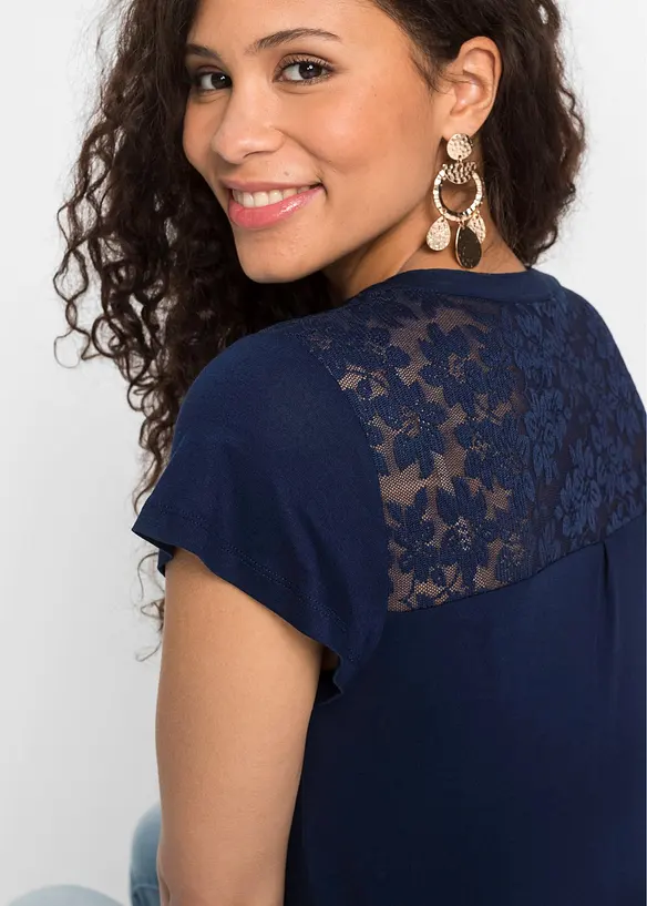 T-shirt col tunisien en viscose et dentelle, bonprix