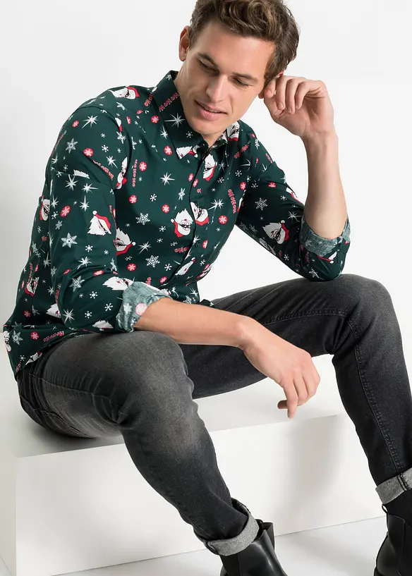 Langarmhemd mit Weihnachts-Druck aus reiner Baumwolle, Slim Fit, bonprix