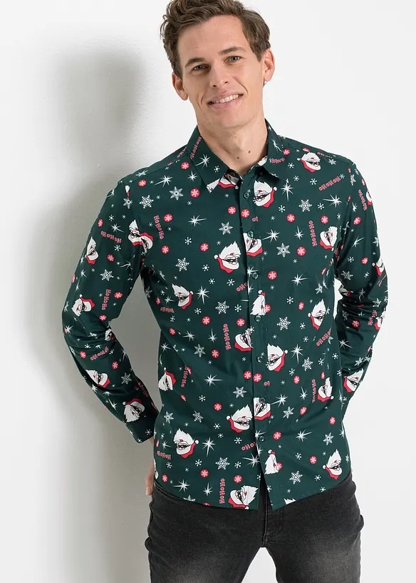 Langarmhemd mit Weihnachts-Druck aus reiner Baumwolle, Slim Fit, bonprix