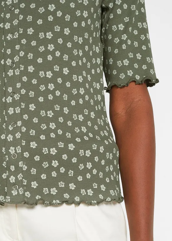 Ripp-Shirt mit Blumendruck, Halbarm, bonprix