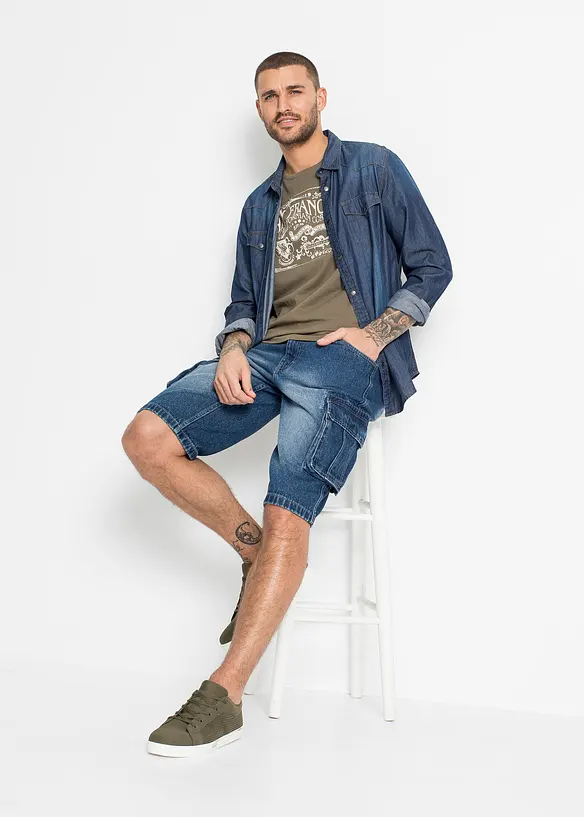 Bermuda cargo long en jean, loose, bonprix