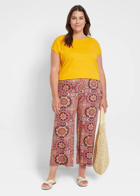 Jupe-culotte large en jersey avec large taille smok&eacute;e, longueur 7/8, bonprix