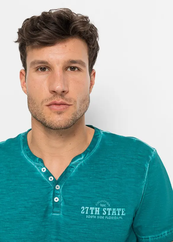 T-shirt col tunisien, aspect délavé, 100% coton, bonprix
