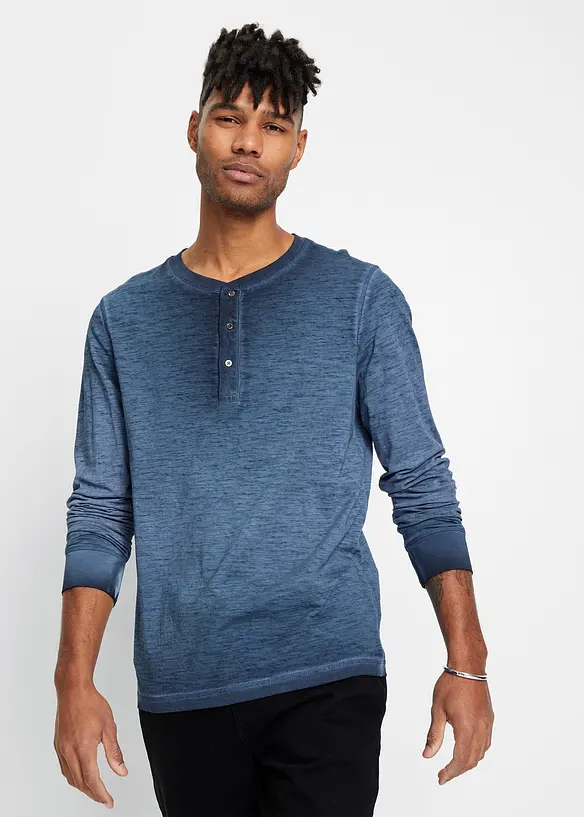 T-shirt coton col tunisien aspect délavé, manches longues, bonprix