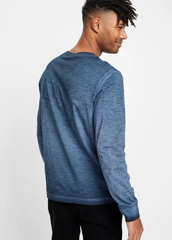 T-shirt coton col tunisien aspect délavé, manches longues, bonprix