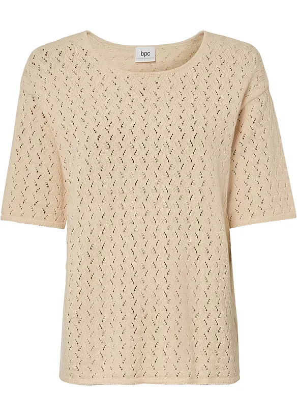 T-shirt en maille ajourée avec lin, manches coudes, bonprix