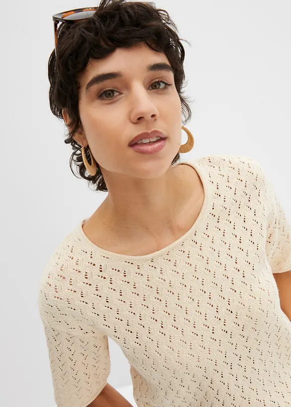 T-shirt en maille ajourée avec lin, manches coudes, bonprix