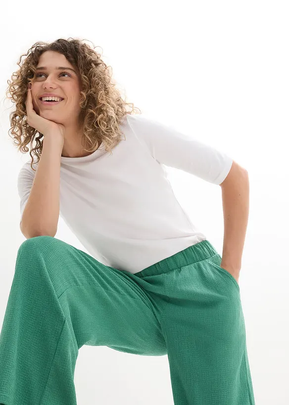 Pantalon large en jersey texturé, taille haute, bonprix