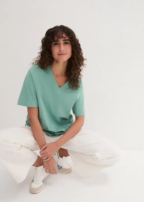 Weites Long-Shirt mit V-Ausschnitt, Kurzarm (5er Pack), bonprix