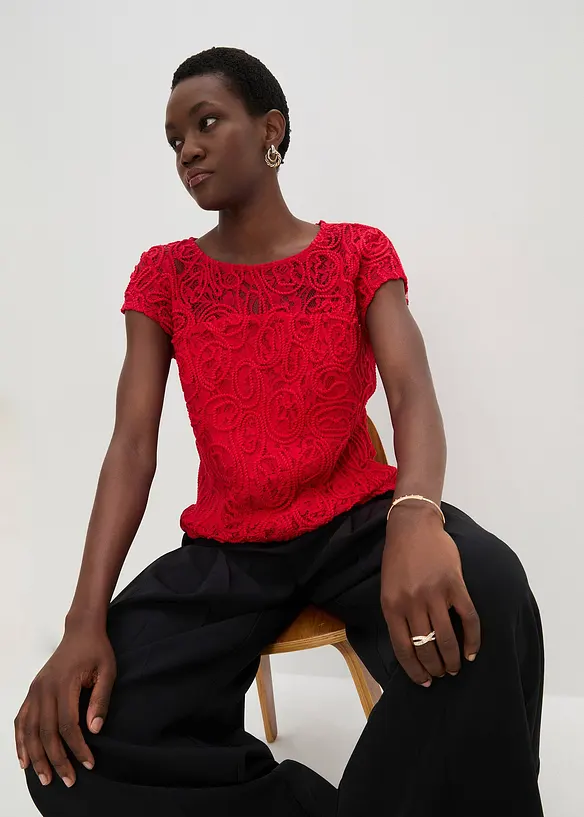Blouse manches courtes en dentelle cordée, bonprix