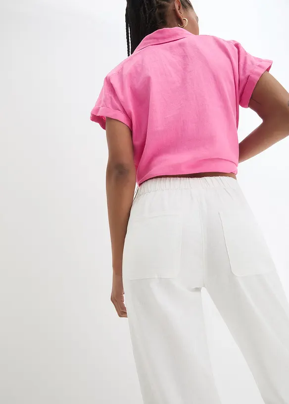 Pantalon en lin majoritaire avec empiècement de dentelle sur le côté, longueur cheville, bonprix