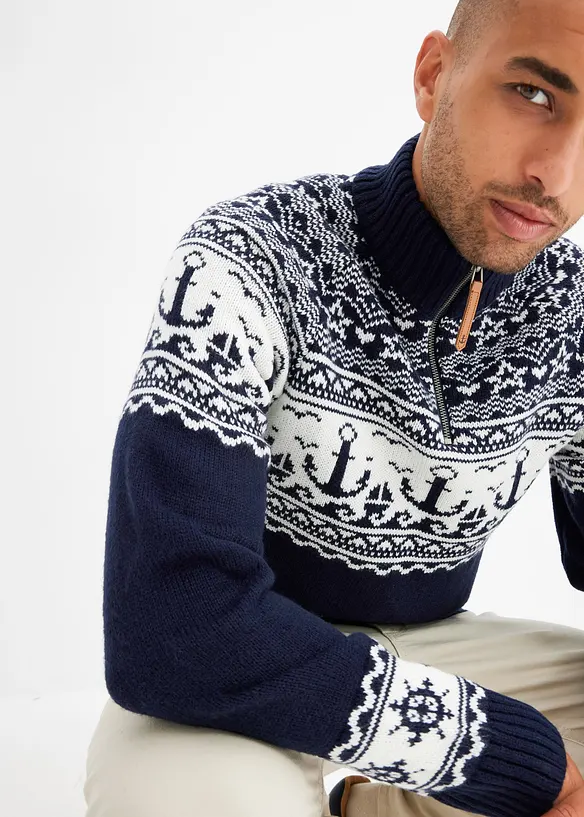 Maritimer Norweger-Pullover mit Troyerkragen, bonprix
